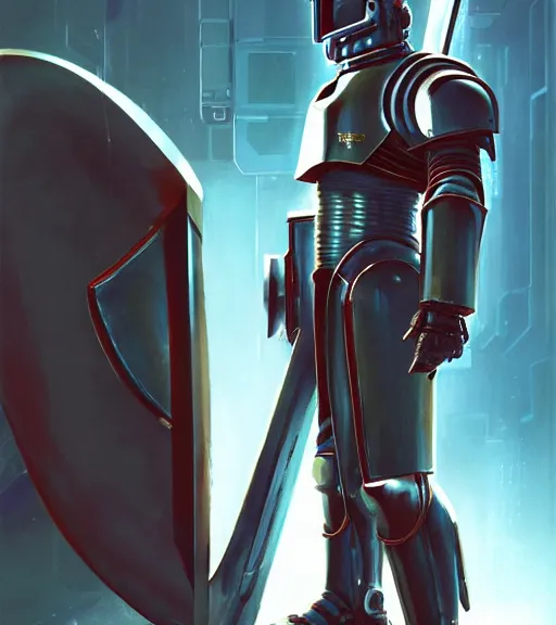 Image similar to a large cyberpunk paladin in rounded heavy plate armor with large shoulder pads and a spartan helmet and a very large shield he is holding a large axe in a cyberpunk setting, 1 9 3 9 omni magazine cover, style by vincent di fate, artgerm, cyberpunk 2 0 7 7, very coherent, detailed, 8 k resolution, unreal engine, daz