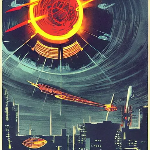 Prompt: giant robot smashing future city in flames, 1 9 6 0 s vintage sci - fi art, by jack gaughan