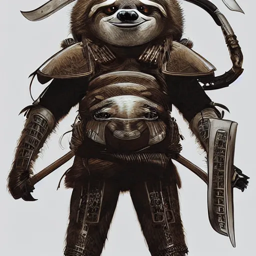 Image similar to graphic, hyperreal illustration of anthropomorphic sloth in traditional samurai armor : : digital art, concept art, character development : : illustrated by artgerm, yoji shinkawa, scott buoncristiano, nychos