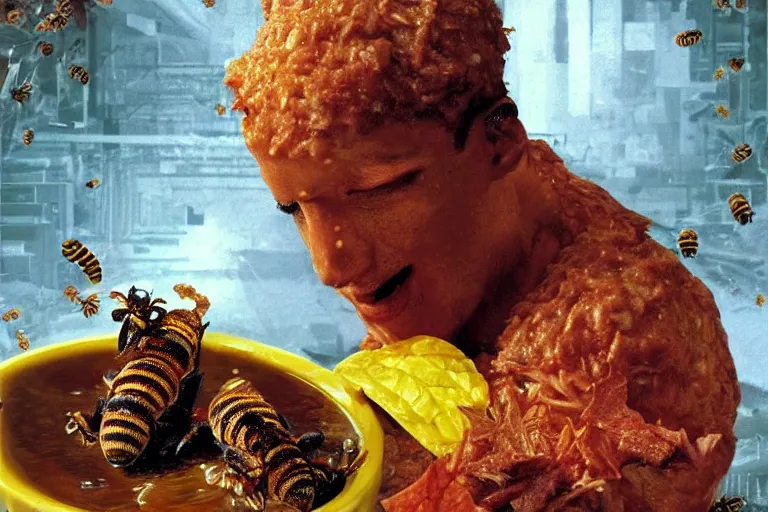 Prompt: mcdonald's fried bees with dry leaf stew, in 1 9 9 5, y 2 k cybercore, advertisement photo. artwork by craig mullins