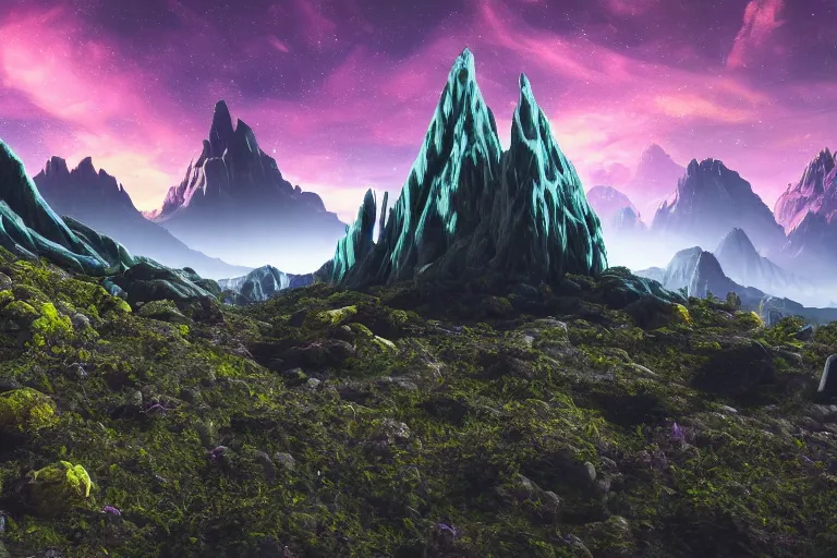 Image similar to an alien landscape featuring towering mountains, strange plants, and an otherworldly sky, 4 k photorealism