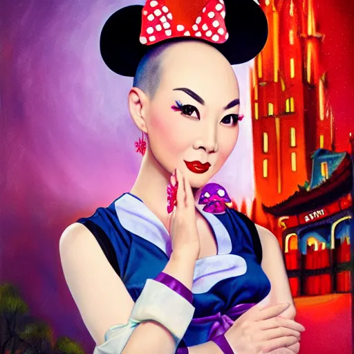 Image similar to beautiful bald chinese woman with pinup makeup wearing disneyland mouse ears standing in front of the disneyland castle at night, oil painting, highly detailed, theatrical lighting, sharp focus