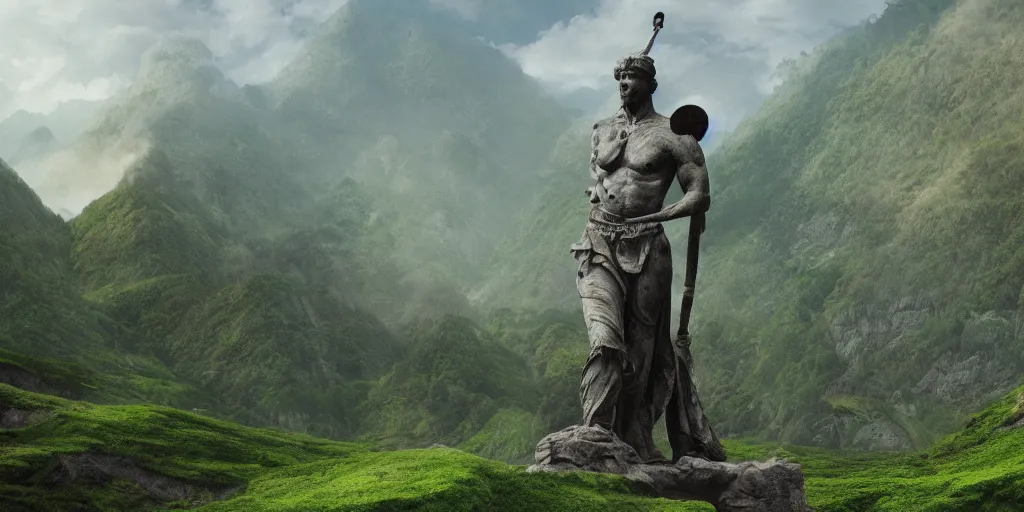 Image similar to A giant marble statue of a warrior in the middle of a green valley between the mountains, detailed digital matte painting