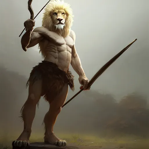 Image similar to commission portrait of a fit male anthro albino lion holding a bow,character design by charles bowater,greg rutkowski,ross tran,hyperdetailed,hyperrealistic,4k,deviantart,artstation,professional photography,concept art