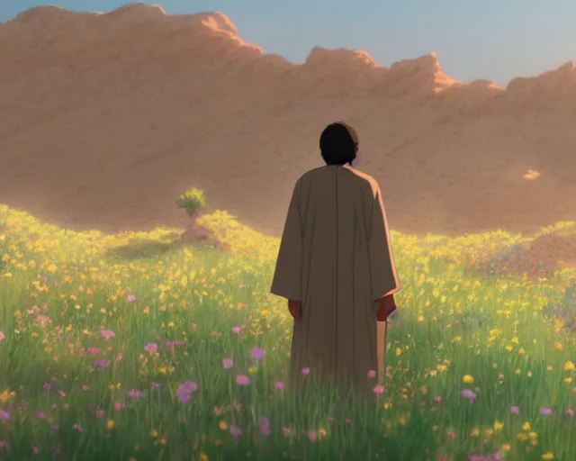 Image similar to an arab man in the desert with wildflowers, makoto shinkai, loish, studio ghibli, tooth wu