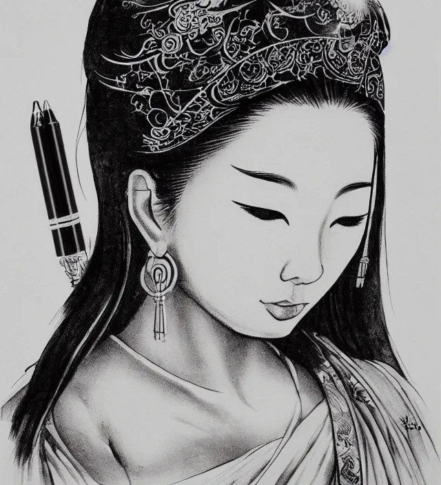 Prompt: taoist buddhist art ink drawing pen pencil painting of a beautiful girl portrait in alex ross frank miller miura kentaro sorayama style detailed trending award winning