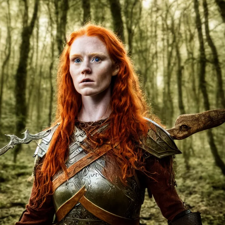 Image similar to 5 5 mm portrait photo of an armored handsome well - built female warrior, red hair, ginger hair, in a magical forest in the style of lord of the rings, highly detailed 8 k. intricate. lifelike. soft light. nikon d 8 5 0. cinematic post - processing