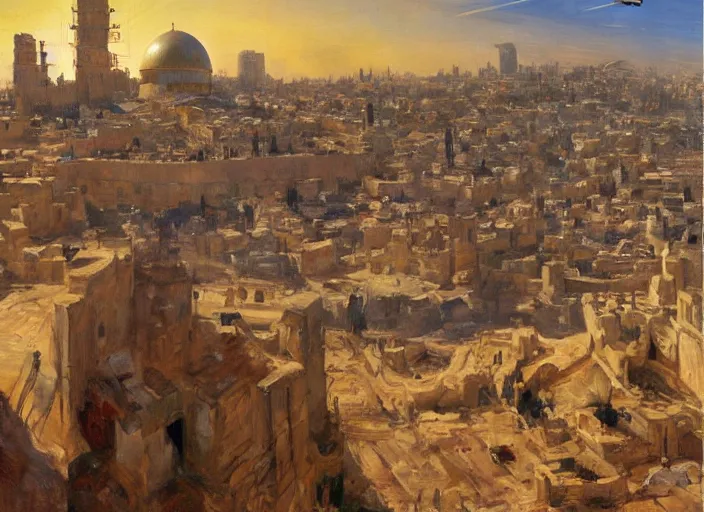 Image similar to a highly detailed beautiful portrait of jerusalem under attack by aliens, by gregory manchess, james gurney, james jean