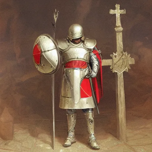 Prompt: man in decorated 15 century crusader armor, helmet and white cape with cross on it standing at the gates of jerusaoemdrawn by greg rutkowski realistic high detail