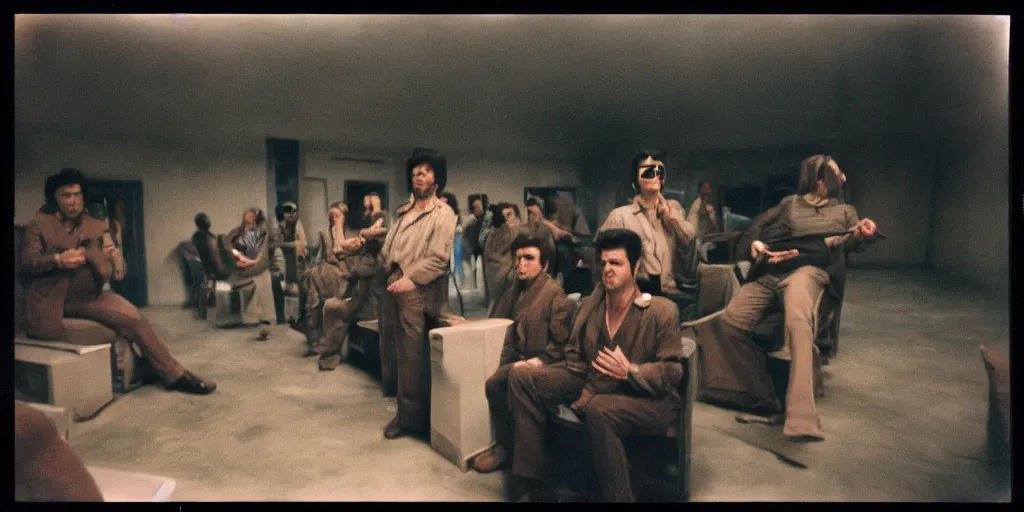 Image similar to detailed medium format photo, polaroid still from tarkovsky movie, elvis impersonators waiting for callback, haze, high production value, intricate details, 8 k resolution, hyperrealistic, hdr, photorealistic, high definition, technicolor, award - winning photography, masterpiece, amazing colors