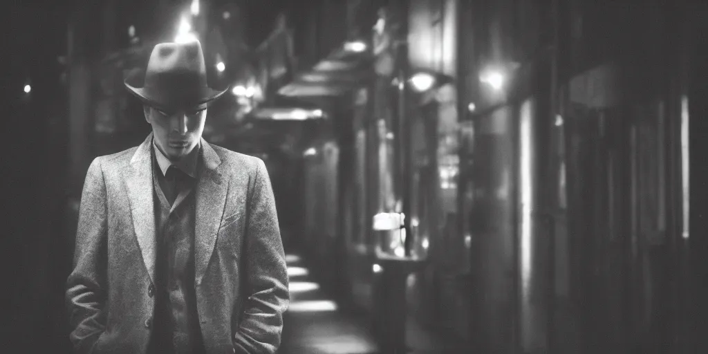 Image similar to man wearing a fedora, medium shot, neo noir, chiaroscuro lighting, cinematic, atmospheric, 35mm lens