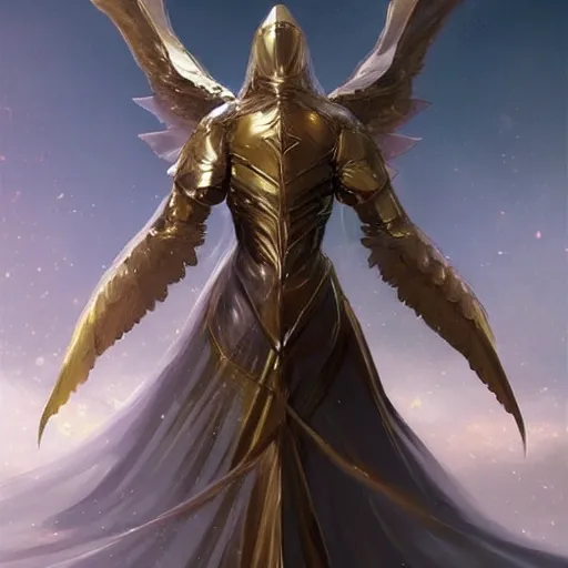 Image similar to golden heavy armored angel, wings made of light, metal halo, no face, hooded, gold, fantasy, concept art, digital art, ultra realistic, character art by greg rutkowski and artgerm