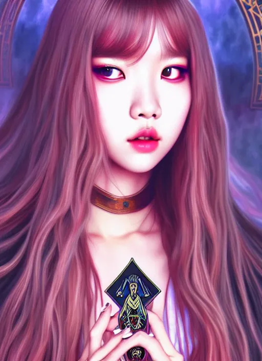 Image similar to lalisa manoban of blackpink, grim reaper costume, tarot card, highly detailed, digital painting, smooth, sharp focus, illustration, ultra realistic, 8 k, art by artgerm and alphonse mucha