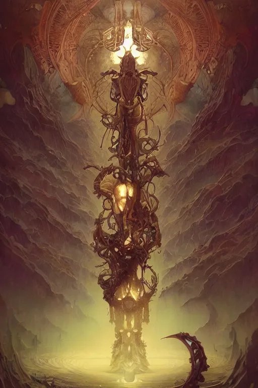 Image similar to evil gigantic biomechanical god of death, fantasy painting, ultra realistic, wide angle, art nouveau, intricate details, rainbowshift, vivid colors, highly detailed by peter mohrbacher, maxfield parrish, aaron horkey, gaston bussiere, craig mullins