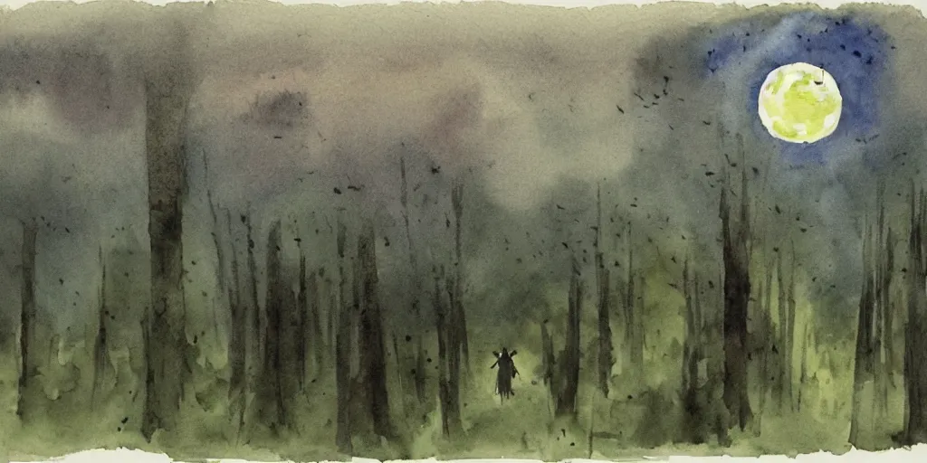 Image similar to forest mystical ceremony under the moon light, fireflies, ominous sky, watercolor by jeffrey catherine jones