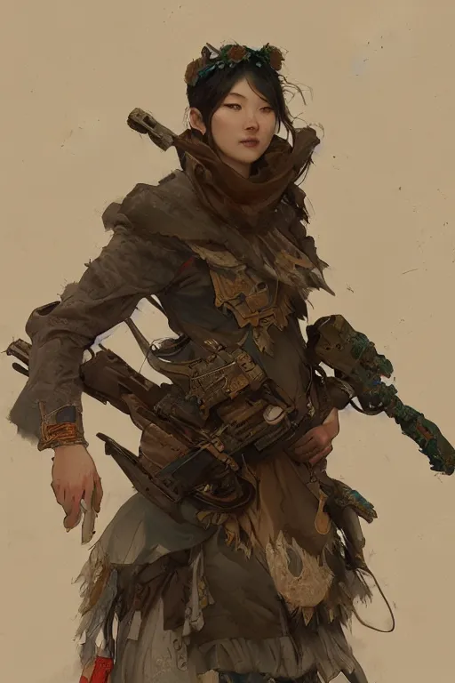 Prompt: A full portrait of a beautiful post apocalyptic Chinese explorer, intricate, elegant, highly detailed, digital painting, artstation, concept art, smooth, sharp focus, illustration, art by Krenz Cushart and Artem Demura and alphonse mucha