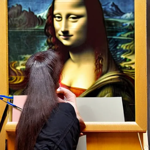 Image similar to A woman that looks like Mona Lisa is painting a portrait of Lenoardo da Vinci in a workshop