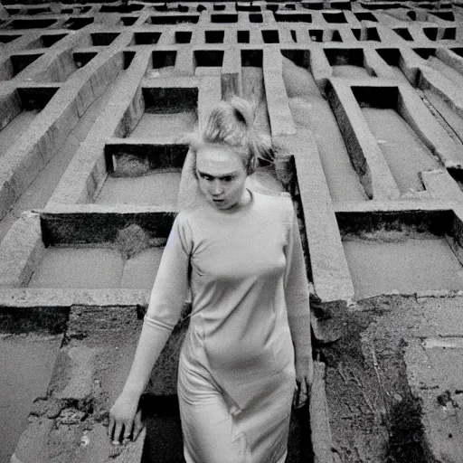 Prompt: thin, blonde women, lost on a labyrinth of concret building, photograph, 1992, Minsk