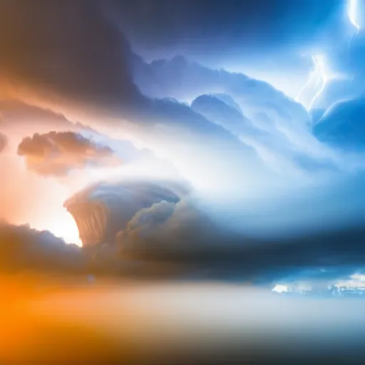 Prompt: landscape beautifully lit clouds, real world lighting, volumetric mist, crepuscular, plasma, storm, cat five hurricane