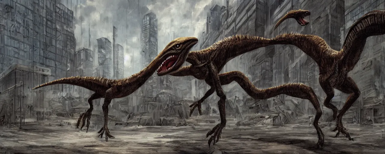 Image similar to An artwork of a velociraptor in a dystopian city, paleo art, brutalism