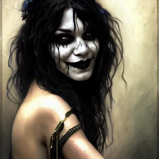 Image similar to beautiful portrait of vanessa hudgens as death from sandman, smiling, by cedric peyravernay, alphonse mucha, by jeremy mann, by lecouffe deharme, goth chic, soft lightning, eyeliner, punk rock, high detailed, 8 k