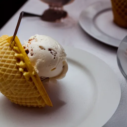 Prompt: photograph of a formal presentation of an ice cream cone on a plate at a fancy avant-garde restaurant