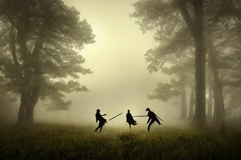 Image similar to two silhouettes fighting each other on foggy moody battlefield, photorealistic, bokeh, by greg rutkowski