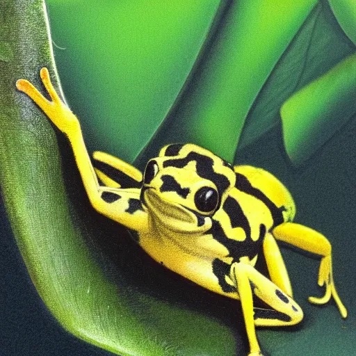 Prompt: yellow dart frog, dendrobatidae, chilling on a leaf, by artist giger, concept art for movie, super low saturated colors, extreme detail, 4 k, detailed rendering, realistic lighting, sharp focus, backlit