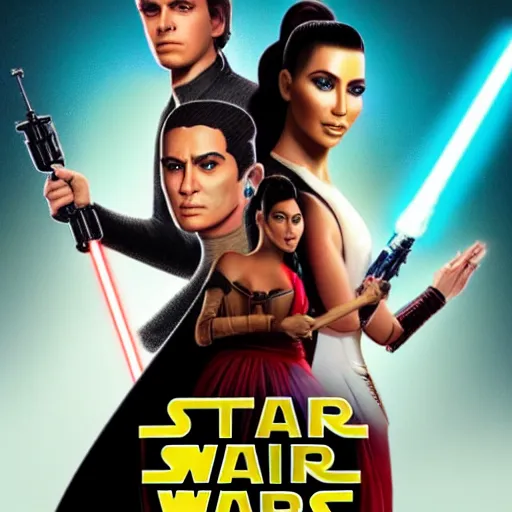 Prompt: super detailed star wars movie poster with ben shapiro, snooki and kim kardashian, 8k full HD photo, cinematic lighting, anatomically correct, oscar award winning, action filled, correct eye placement,