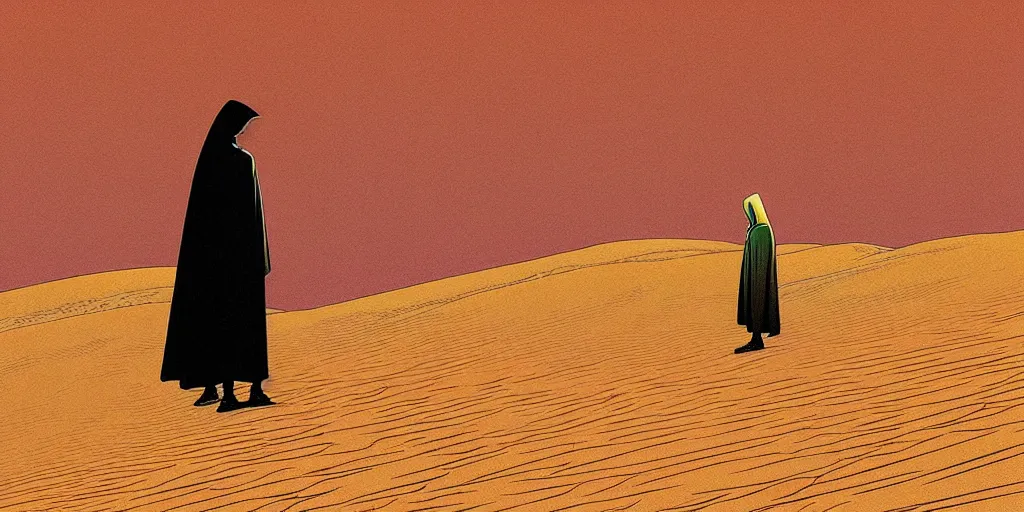 Image similar to android in cloak standing in dunes illustration by moebius