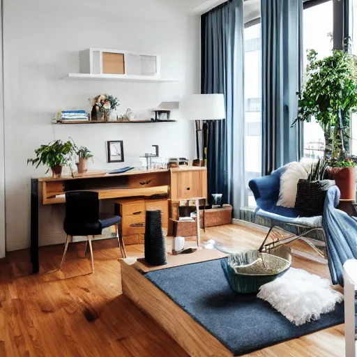 Prompt: award winning interior design city apartment, cozy and calm, fabrics and textiles, colorful accents, hardwood floors, book shelf, couch, desk, balcony door, plants, photograph magazine, wide angle