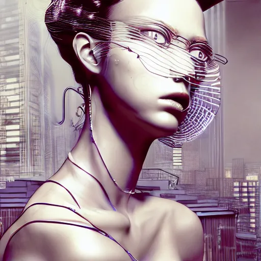 Image similar to the portrait of an absurdly beautiful, graceful, sophisticated, fashionable cyberpunk gravure idol, an ultrafine hyperdetailed illustration by kim jung gi, irakli nadar, matt wisniewski, fashion photography, intricate linework, iridescent wiring, porcelain skin, unreal engine 5 highly rendered, global illumination, radiant light, detailed and intricate environment