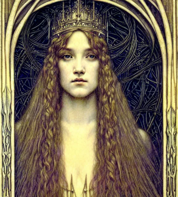 Image similar to detailed realistic beautiful young medieval queen face portrait by jean delville, gustave dore and marco mazzoni, art nouveau, symbolist, visionary, gothic, pre - raphaelite. horizontal symmetry