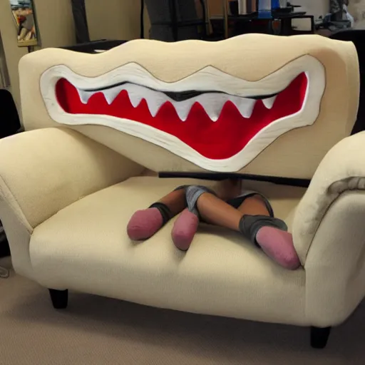 Image similar to a couch with teeth and eyebrows who eats people