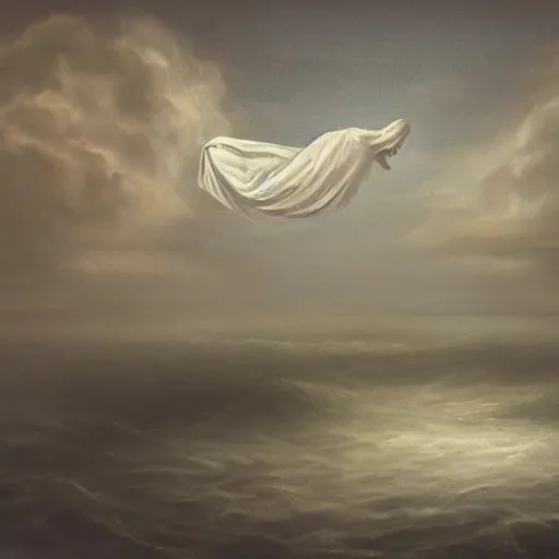 Image similar to ominous bedsheet ghost floating above the ocean, oil painting, brush strokes, gloomy foggy atmosphere, symmetrical, full body image, highly ornate intricate details,