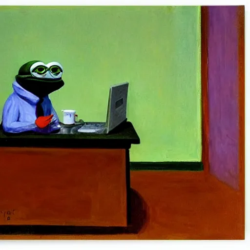 Image similar to pepe the frog in an office by edward hopper