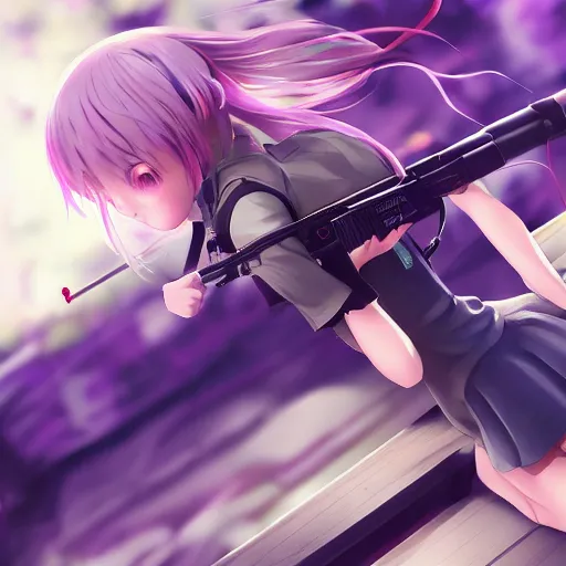 Prompt: advanced digital anime art, WLOP , a small school girl with silver hair wearing a violet dress and bare feet laying on the floor and aiming through a PSG1 sniper rifle, DOF, Gaussian Blur, —H 1080 —W 1920