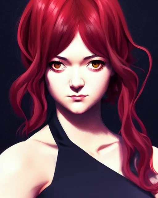 Image similar to style of ilya kuvshinov, artgerm, loish : : gorgeous mary elizabeth winstead : : evil sorceress, swirling black magic, black dress : : symmetrical face, symmetrical eyes : : full body pose : : gorgeous red hair : : cinematic lighting : :