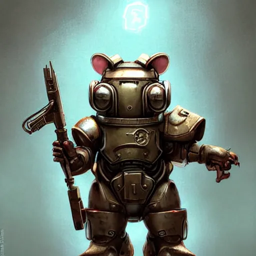 Image similar to cute little anthropomorphic Guinea Pig using Power Armour from Fallout 4, ultra wide lens shot , tiny, small, short, cute and adorable, pretty, beautiful, DnD character art portrait, matte fantasy painting, DeviantArt Artstation, by Jason Felix by Steve Argyle by Tyler Jacobson by Peter Mohrbacher, cinematic lighting