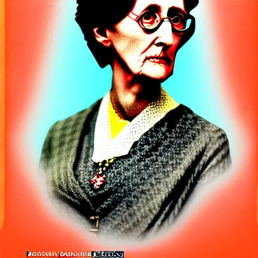 Image similar to Virginia Woolf dressed in PS4 merchandise designed by APC, colored photo, restored photo