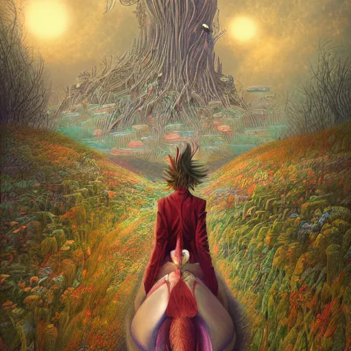 Image similar to Vampire traveling through a beautiful psychedelic world, illustrated by Andrew Ferez and Hayao Miyazaki, trending on artstation