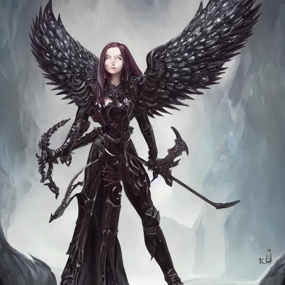 Prompt: a female angel with a dark armour and one pair of vig devil wings, d & d, fantasy, highly detailed, digital art, artstation, smooth, sharp focus, fantasy illustration, art by peter tang and artgem and alina ivanchenko and hirokazu yokohara and kago shintaro