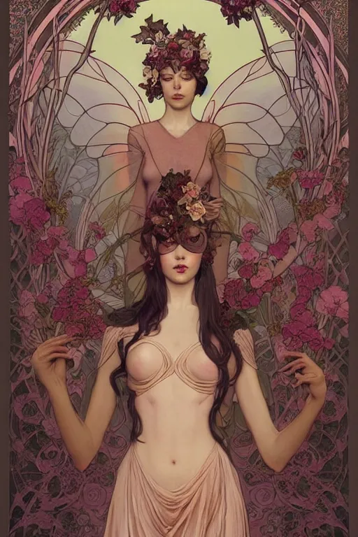 Image similar to full length portrait of a beautiful mysterious fairy with flowery headgear, no hands, by eve ventrue, michael carson, andreas rochas, john watkiss, casey weldon, artgerm. art nouveau. tarot card by mucha. gloomhaven. swirly intricate linework background. gaudy colors, sharp edges. octane render