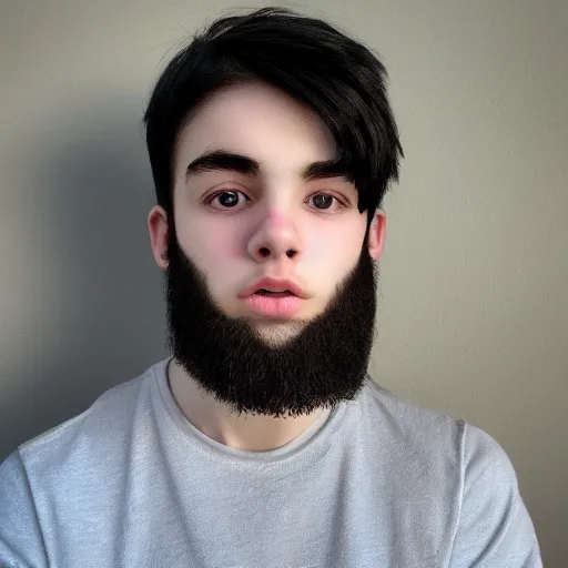 Image similar to The face of a white, black-haired teenager with a half beard on only one side of his face, looking at the camera, under white and yelllow balls, profile picture.