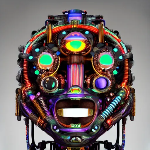 Prompt: a glossy claymodel of a steampunk aztec futuristic robot head, top of the head is made of gears and wires and multicolored glowing tubes, eyes are multicolored led screen, 8 k, front shot, symetrical, flourescent colors, halluzinogenic, multicolored, insanely detailed, 3 d render, octane