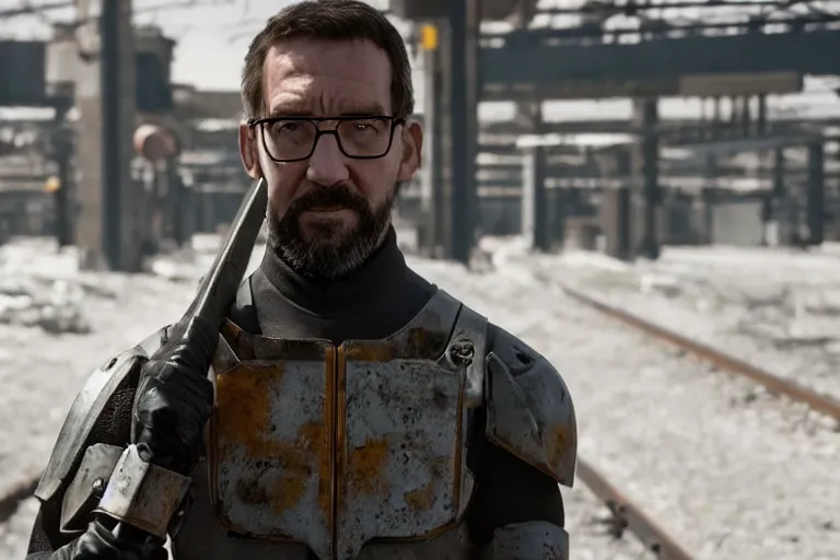 Image similar to vfx movie closeup real life gordon freeman holding wearing futuristic armor, half life logo on chest, crowbar in russian train yard by emmanuel lubezki