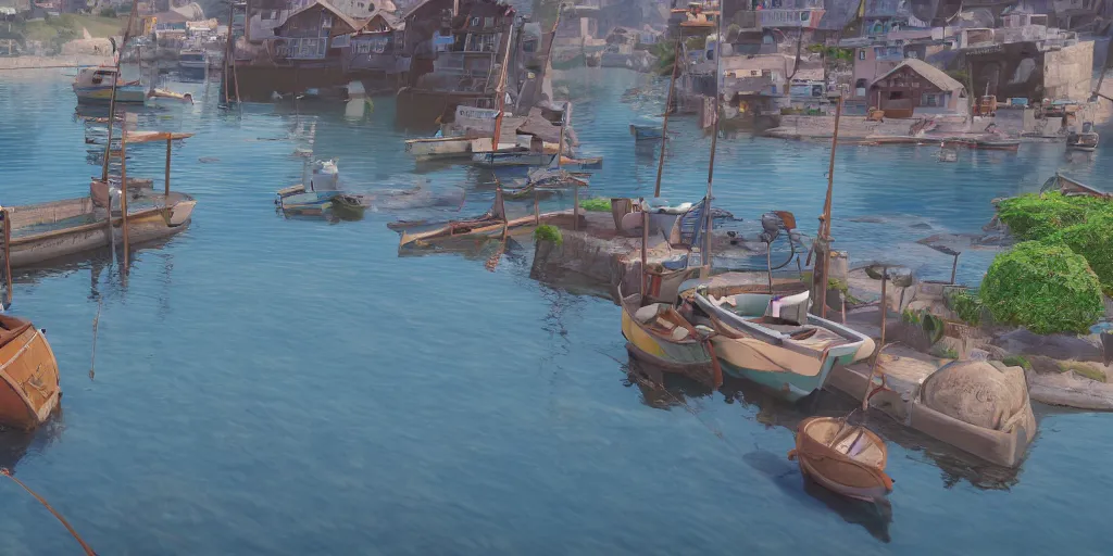 Prompt: a film still of fishing harbour in a small seaside village, medium shot, waist up, studio Ghibli, Pixar and Disney animation, sharp, Rendered in Unreal Engine 5, Bloom, dramatic lighting