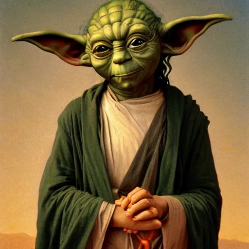 Image similar to Painting of Yoda. Art by william adolphe bouguereau. During golden hour. Extremely detailed. Beautiful. 4K. Award winning.