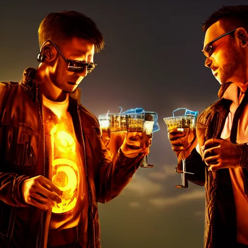 Prompt: two men toast while waiting for the end of the world in a burning cyberpunk city, realistic, high definition, 4K, shimmering color, symmetrical face, hyper detailed, art of unreal ingine 5