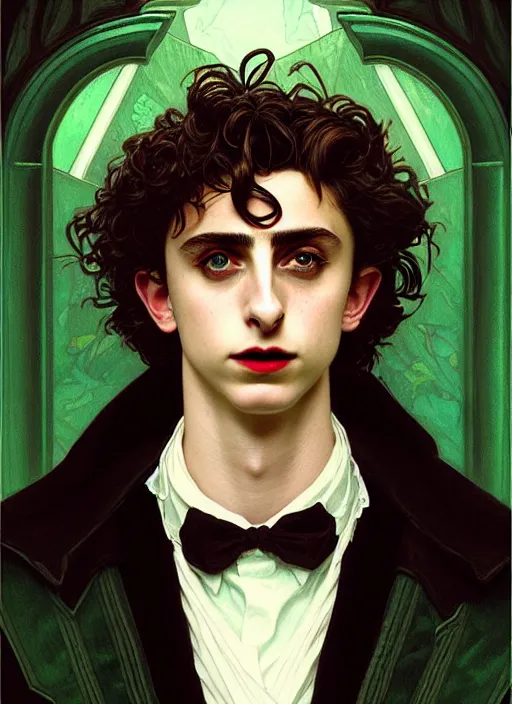 Prompt: portrait of timothee chalamet as a vampire lord, greek, emerald, intricate, headshot, highly detailed, digital painting, artstation, concept art, sharp focus, cinematic lighting, illustration, art by artgerm and greg rutkowski, alphonse mucha, cgsociety